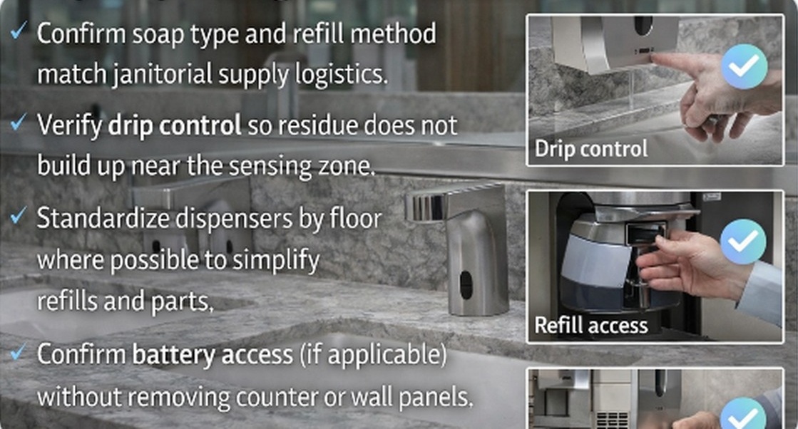 Soap dispenser coordination checklist for drip control, refill access, and reducing residue near touchless sensor zones